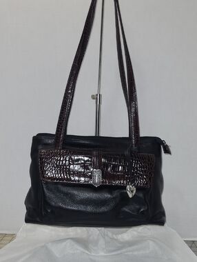 Brighton Black Shoulder Bag with Dark Brown Croc Trim